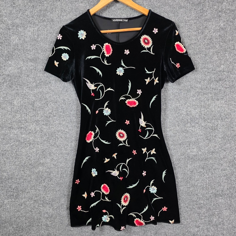 Vivienne Tam Black Velvet Embroidered Floral Bird Mini Dress Womens Small